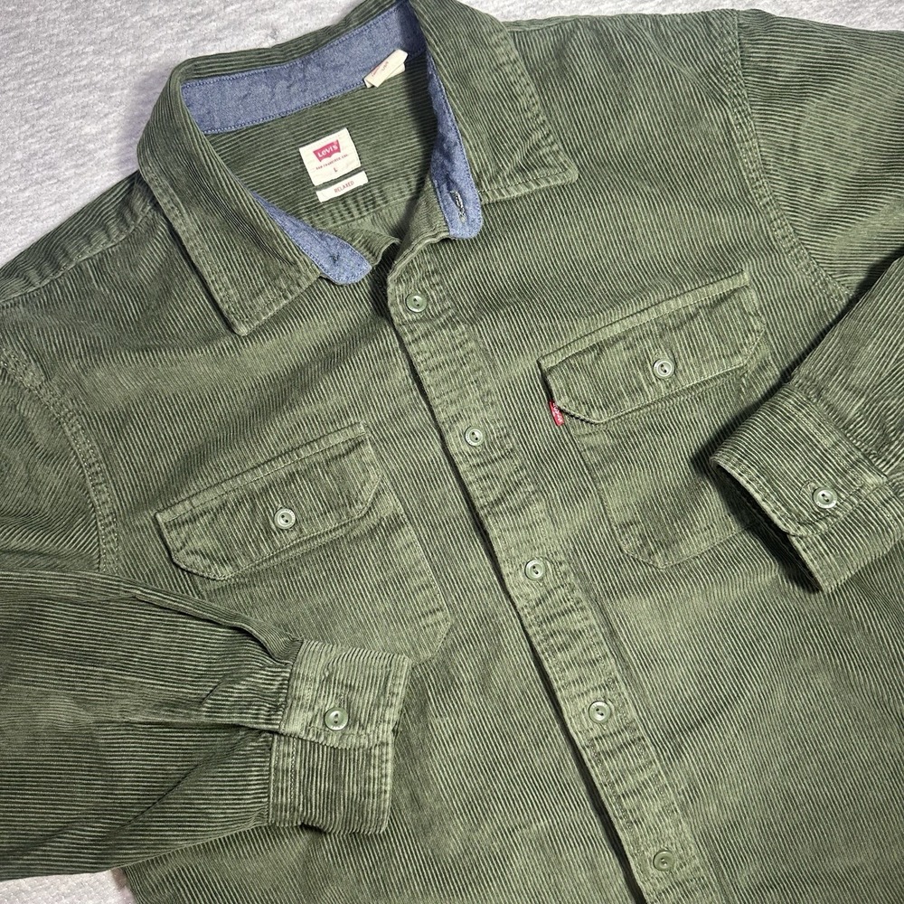 Levis Mens Shirt Medium Green Corduroy Cord Workwear Overshirt Jumbo Relaxed